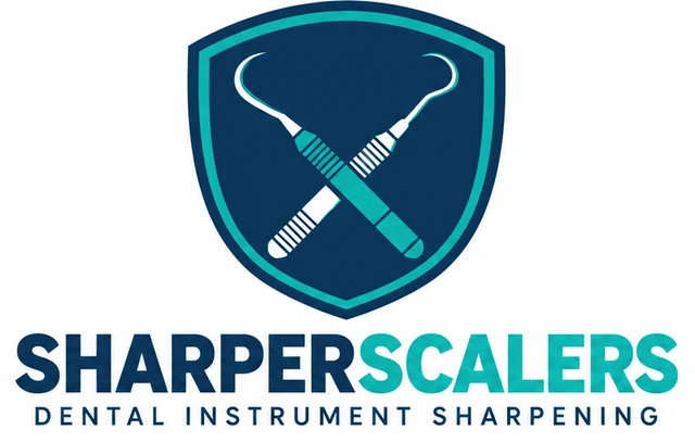 SharperScalers logo: a navy and teal shield with a crossed scaler and curette above the words SharperScalers, Dental Instrument Sharpening